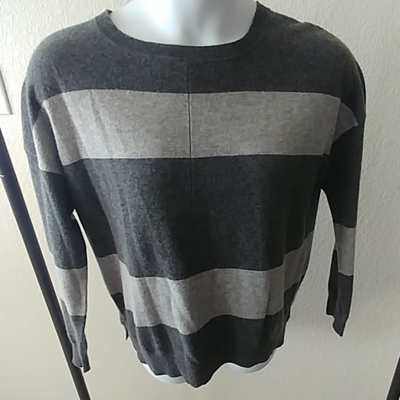 Gray Striped 100% Cashmere Sweater Large - Picture 1 of 2